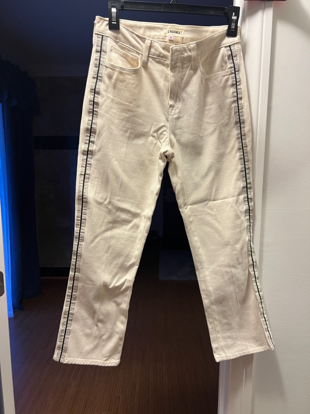 L'AGENCE Men's Cream Straight Jeans with Black Side Stripes